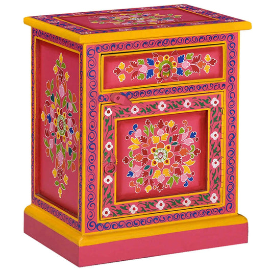 Bedside Cabinet Solid Mango Wood Pink Hand Painted