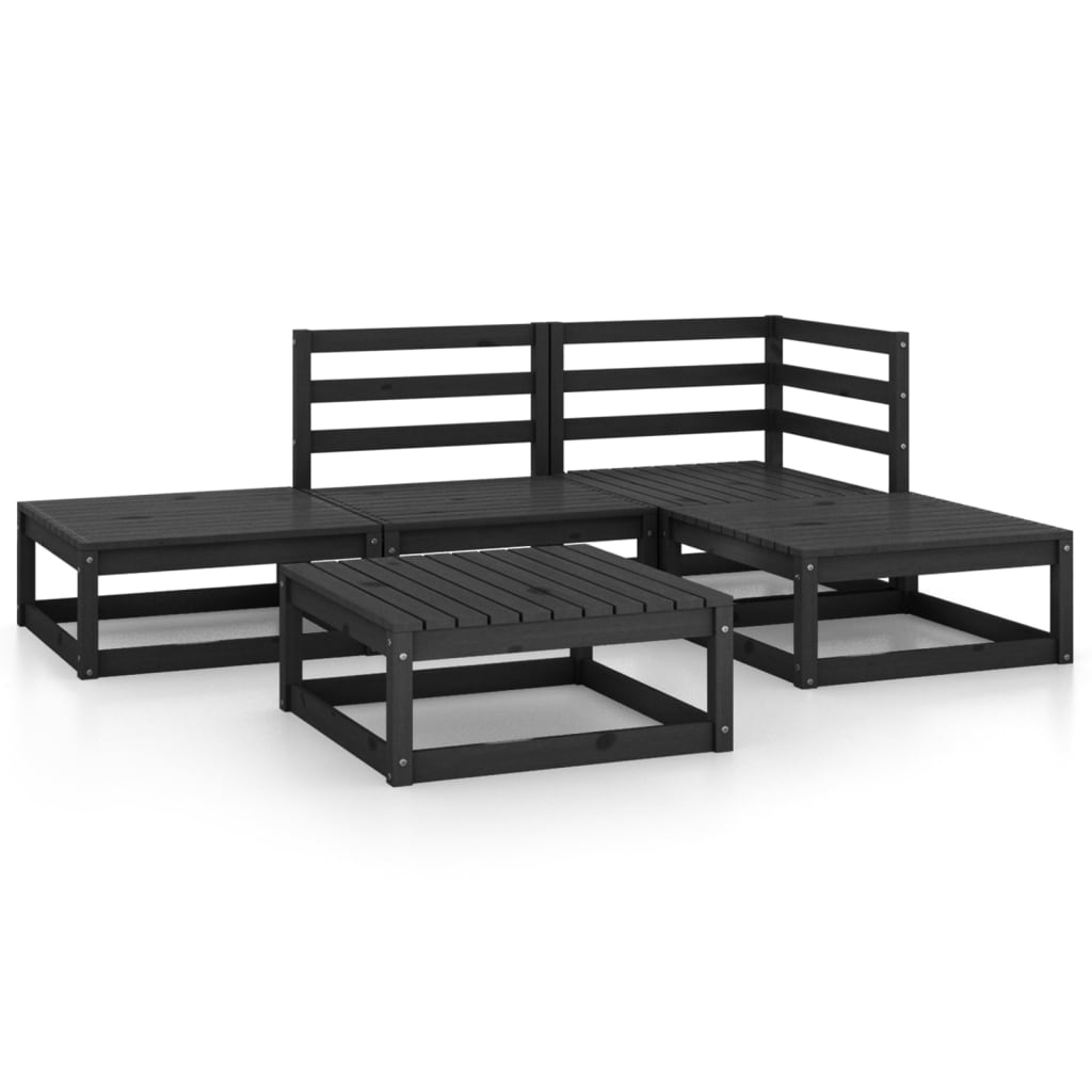 5 Piece Patio Lounge Set Black Solid Pinewood