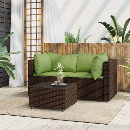 3 Piece Patio Lounge Set with Cushions Brown Poly Rattan