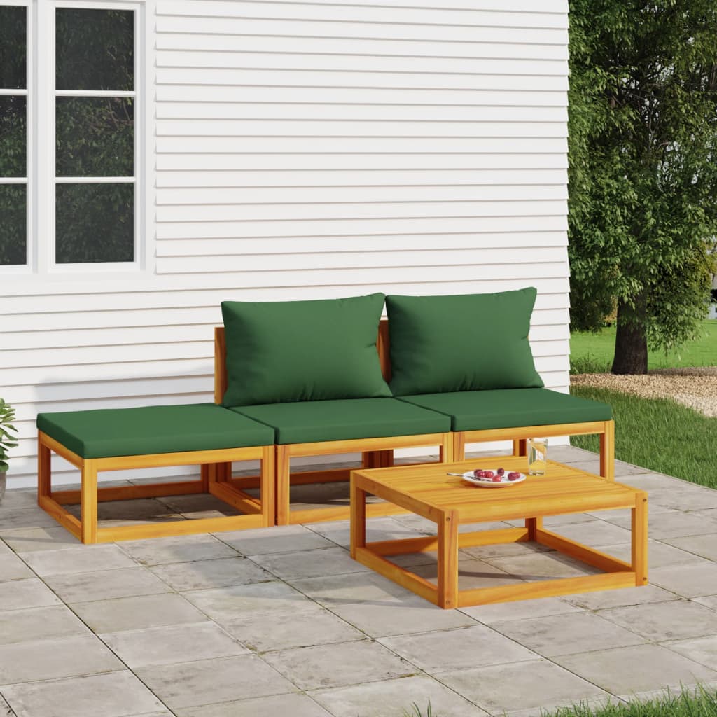 4 Piece Patio Lounge Set with Green Cushions Solid Wood