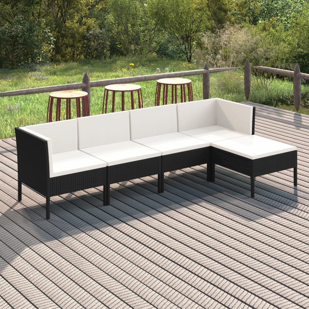 5 Piece Patio Lounge Set with Cushions Poly Rattan Black