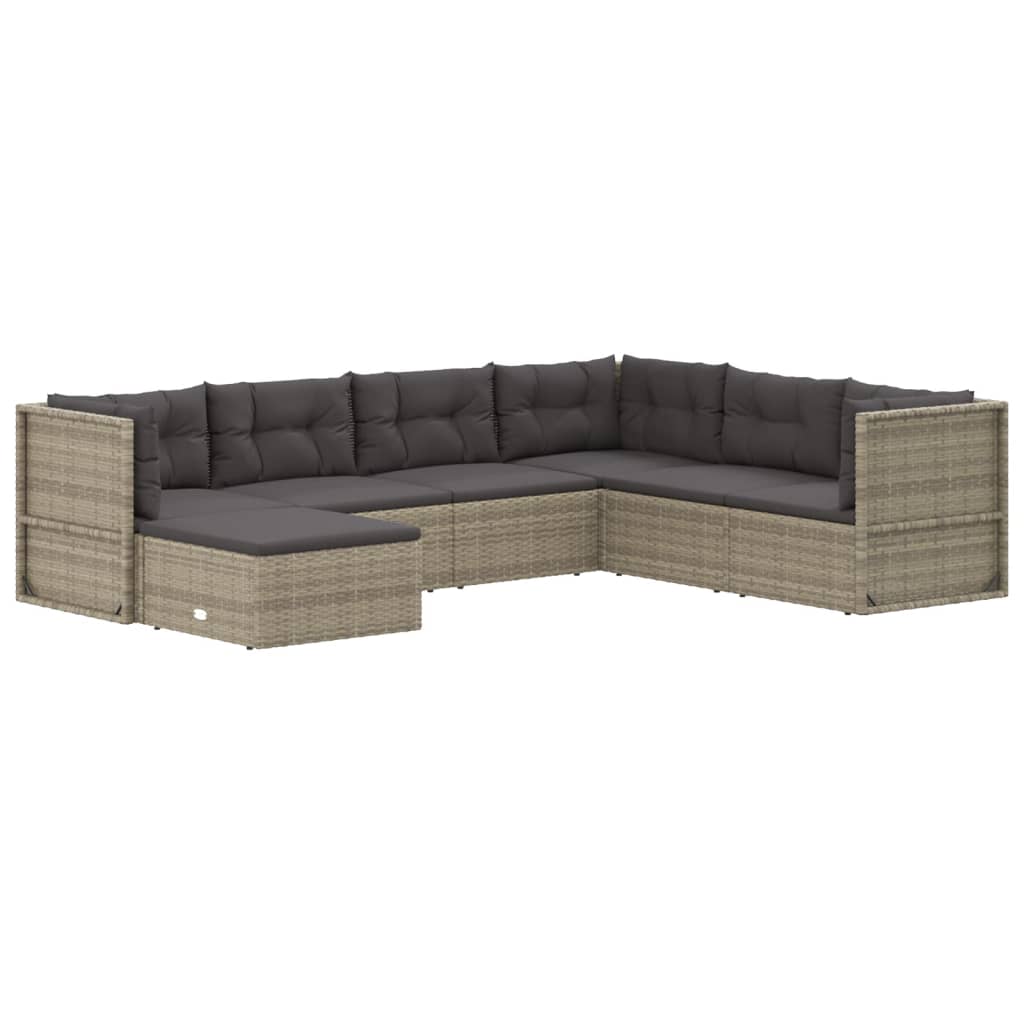 7 Piece Patio Lounge Set with Cushions Gray Poly Rattan