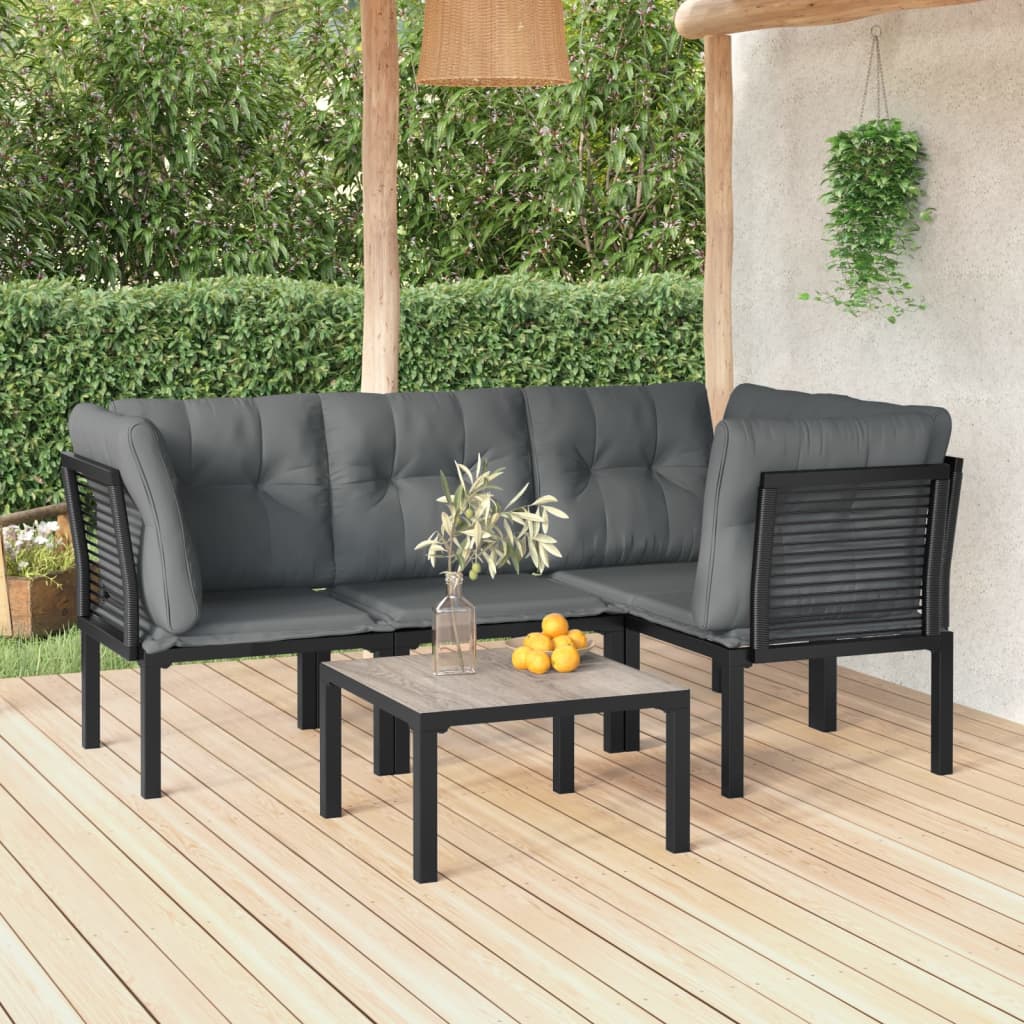 5 Piece Patio Lounge Set Black and Gray Poly Rattan