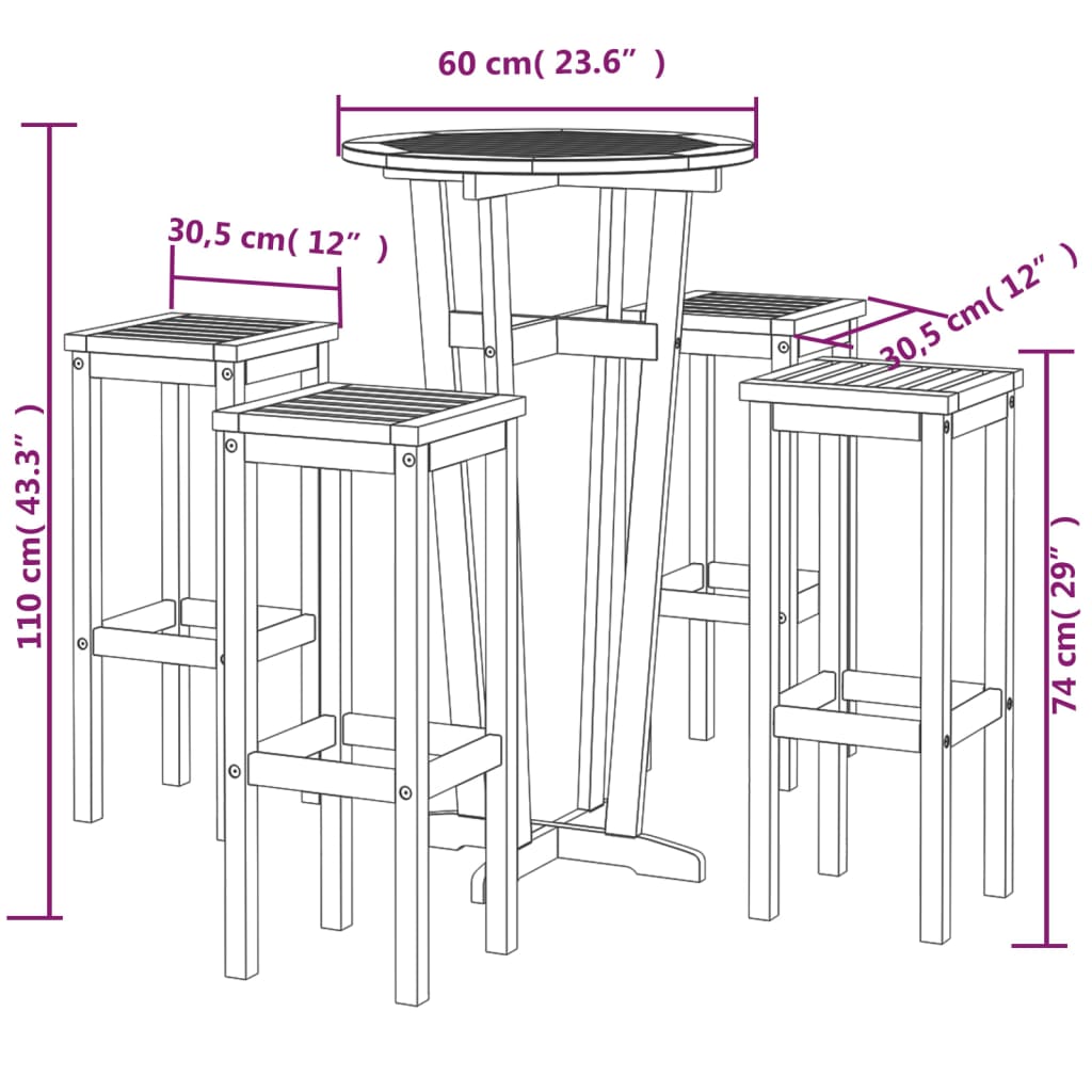 5 Piece Patio Bar Set Solid Wood Acacia