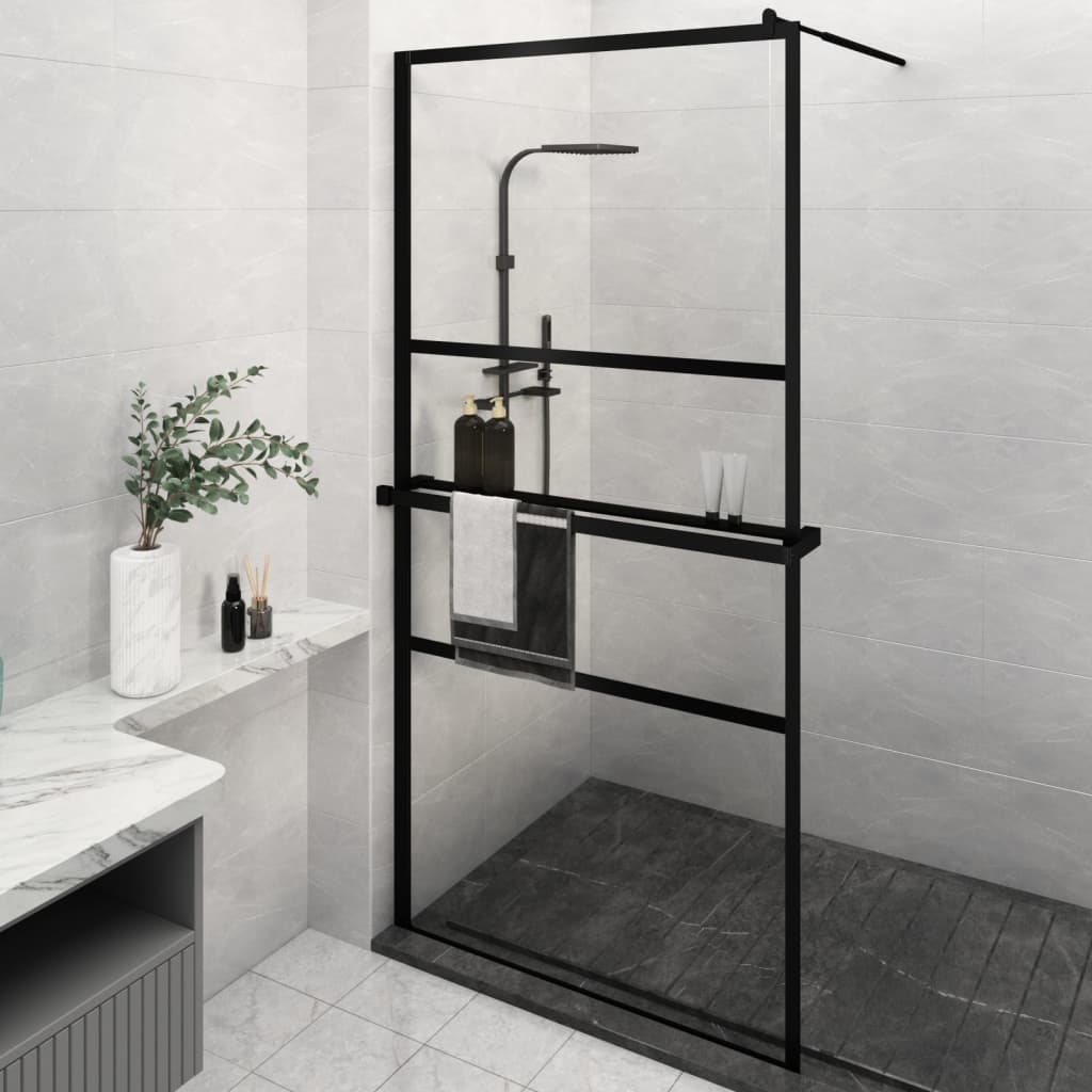 Walk-in Shower Wall with Shelf Black 45.3"x76.8" ESG Glass&Aluminum