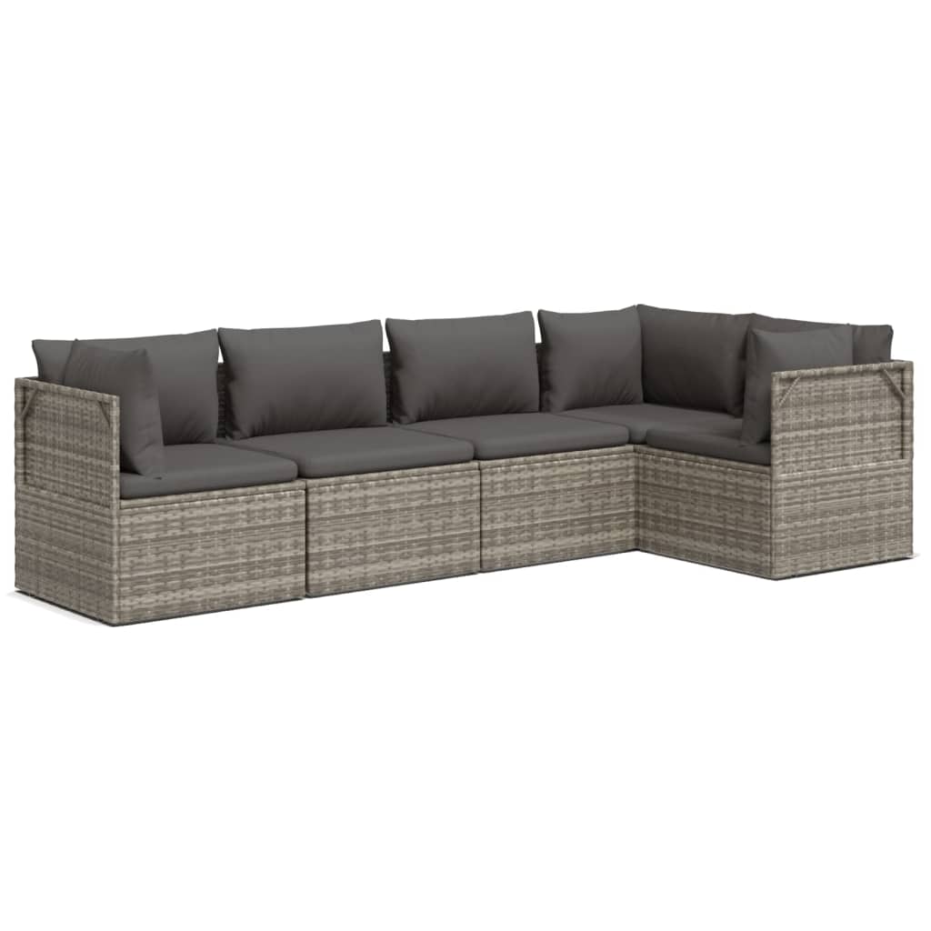 5 Piece Patio Lounge Set with Cushions Gray Poly Rattan