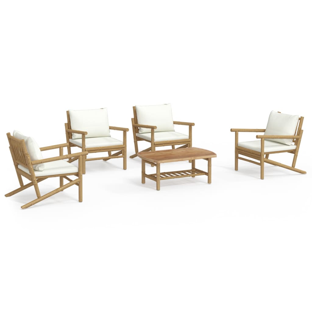 5 Piece Patio Lounge Set with Cream White Cushions Bamboo