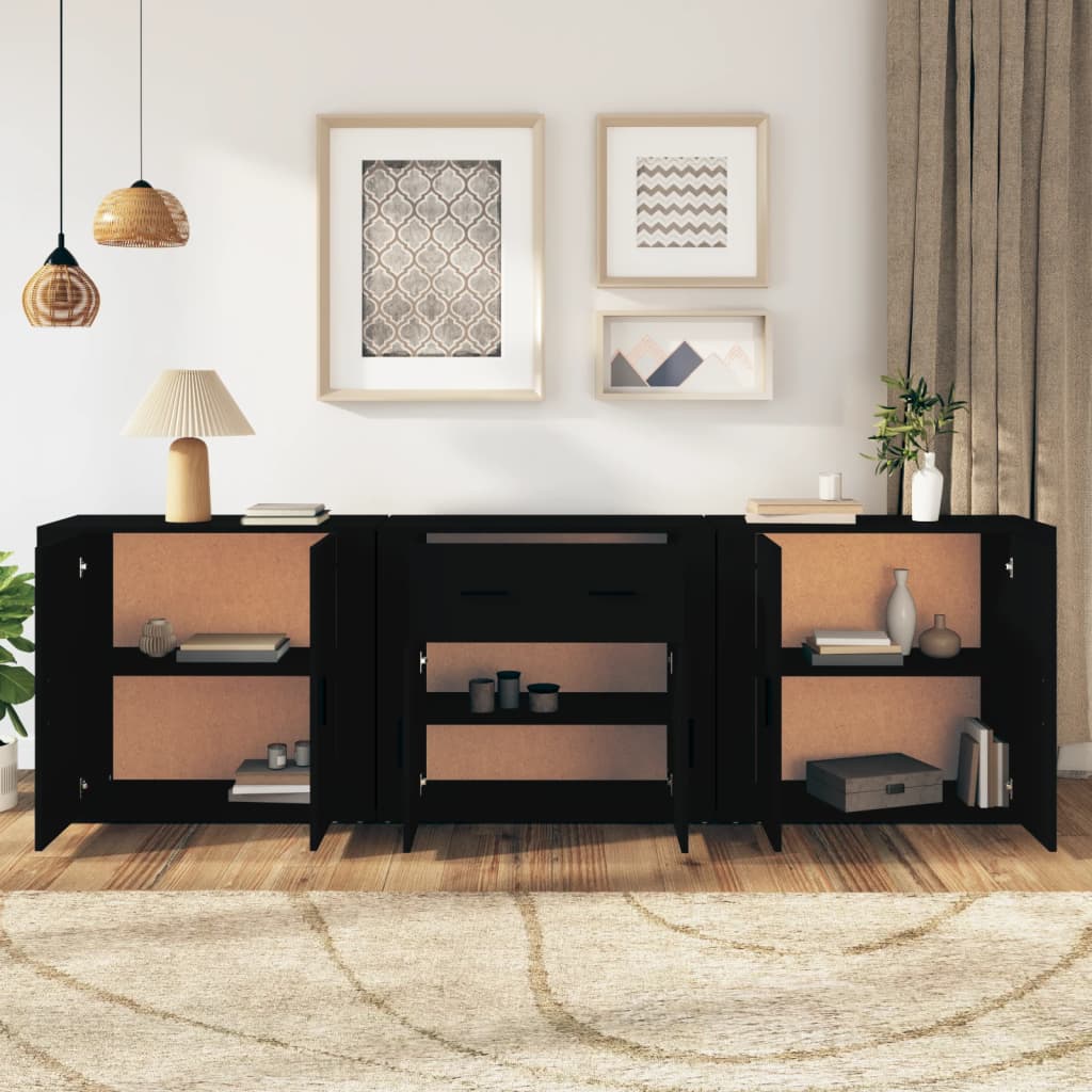 Sideboards 3 pcs Black Engineered Wood