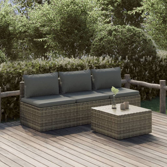 4 Piece Patio Lounge Set with Cushions Gray Poly Rattan