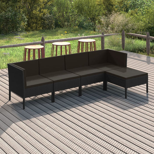 5 Piece Patio Lounge Set with Cushions Poly Rattan Black