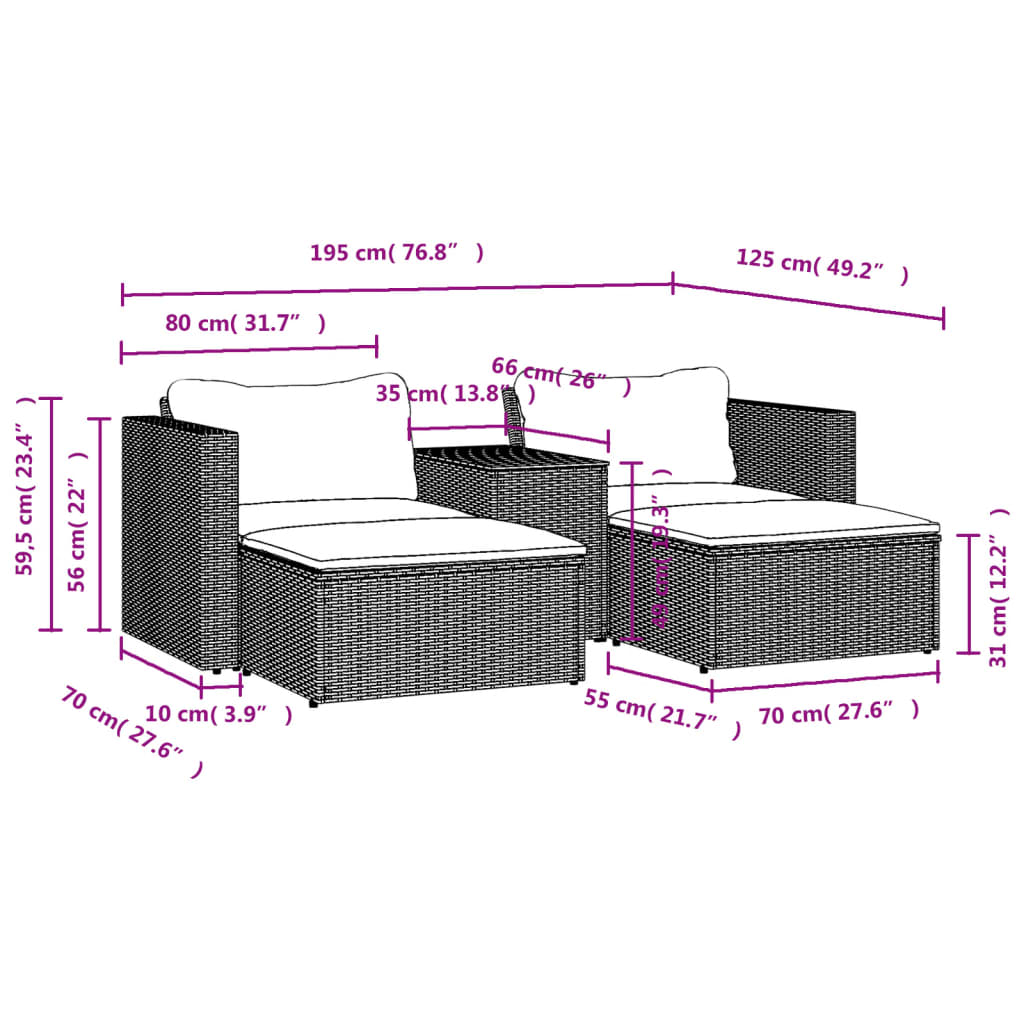 5 Piece Patio Sofa Set with Cushions Gray Poly Rattan Acacia