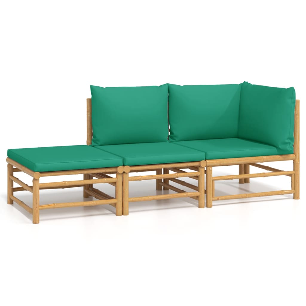 3 Piece Patio Lounge Set with Green Cushions Bamboo