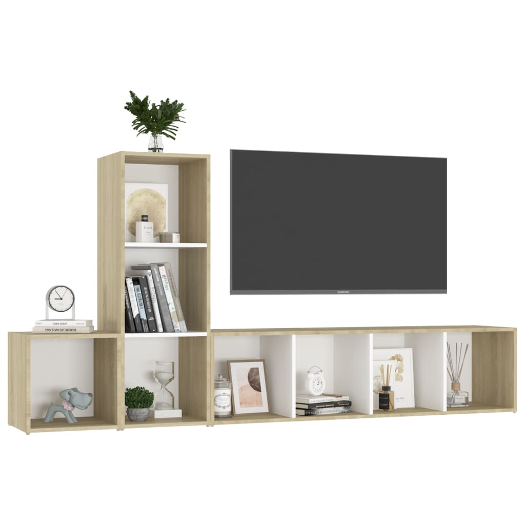 3 Piece TV Stand Set White and Sonoma Oak Engineered Wood