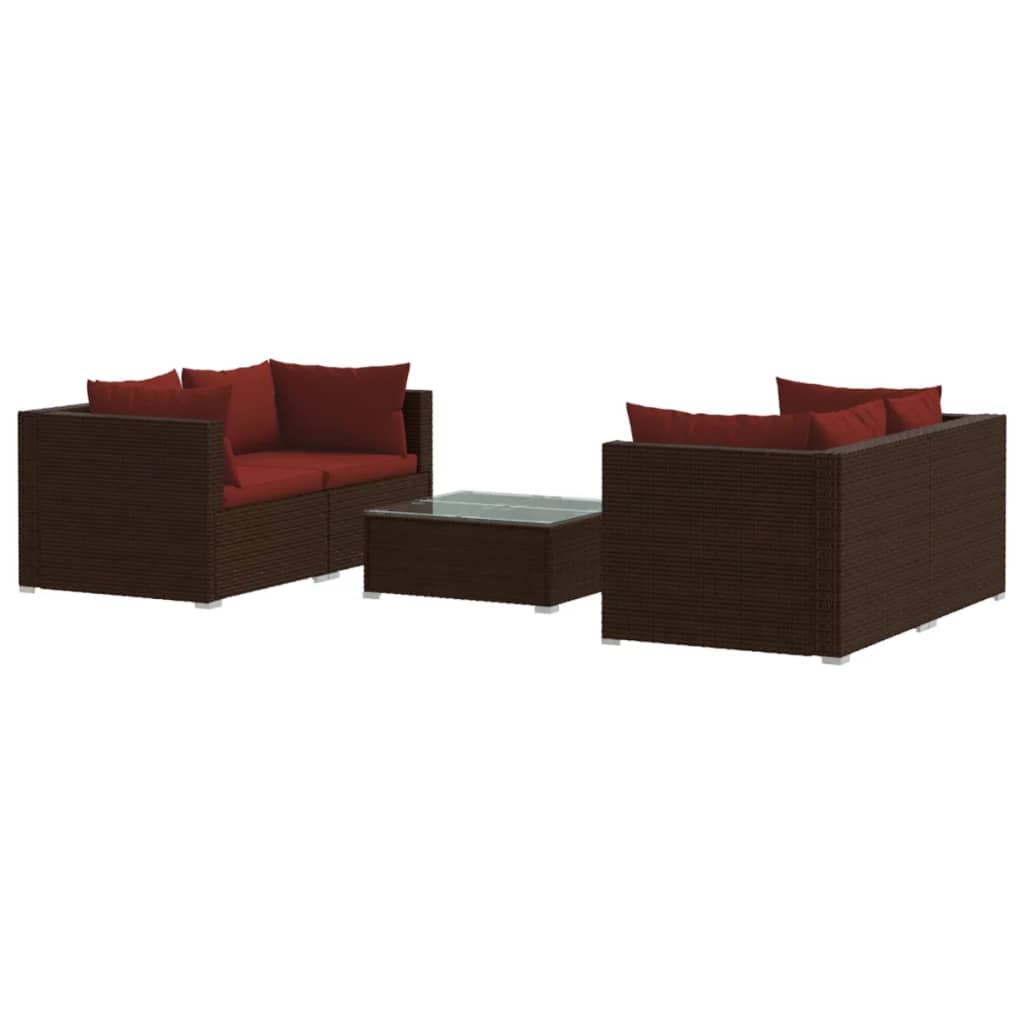 5 Piece Patio Lounge Set with Cushions Poly Rattan Brown