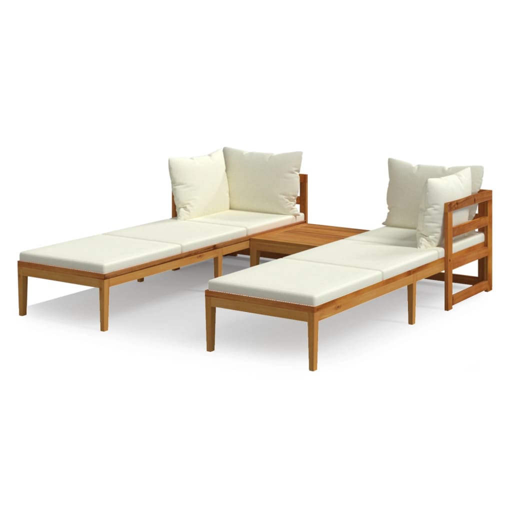 3 Piece Patio Lounge Set with Cream White Cushions Acacia Wood