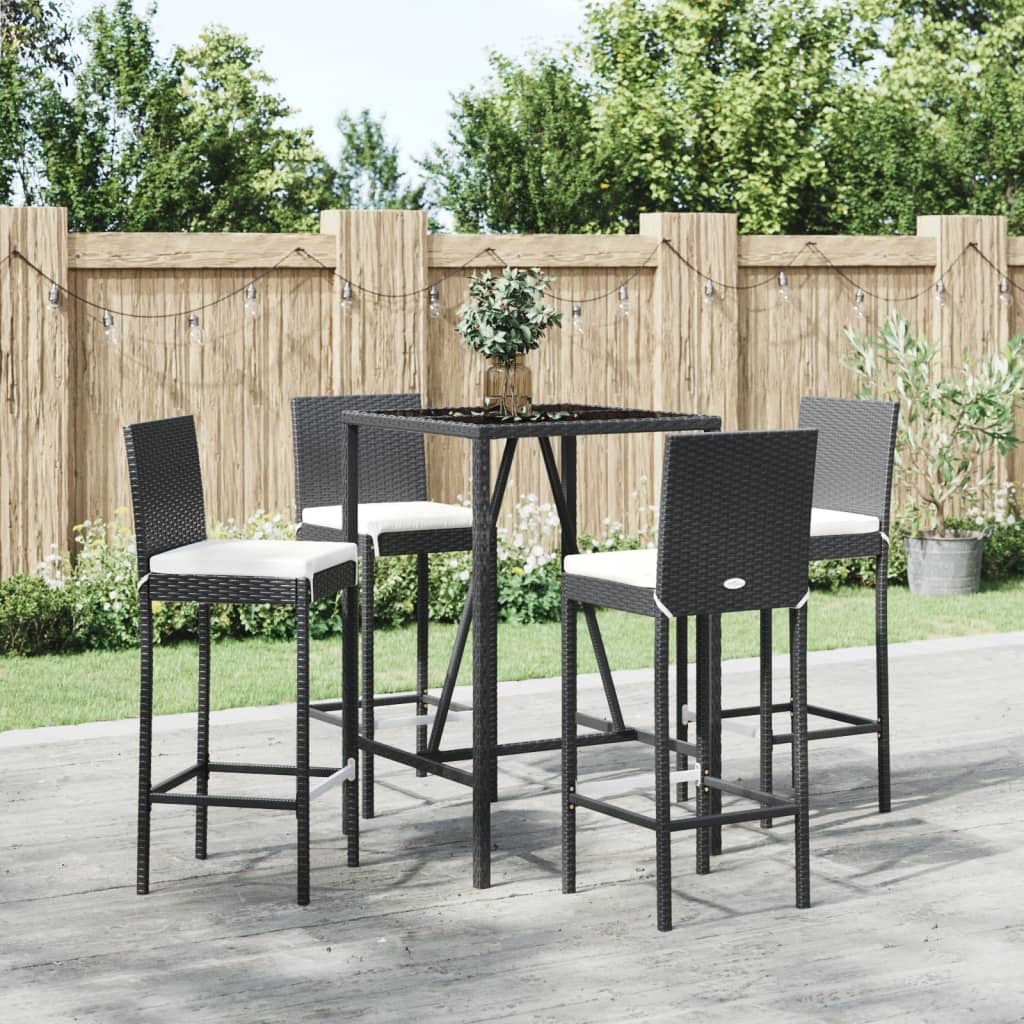 5 Piece Patio Bar Set with Cushions Black Poly Rattan