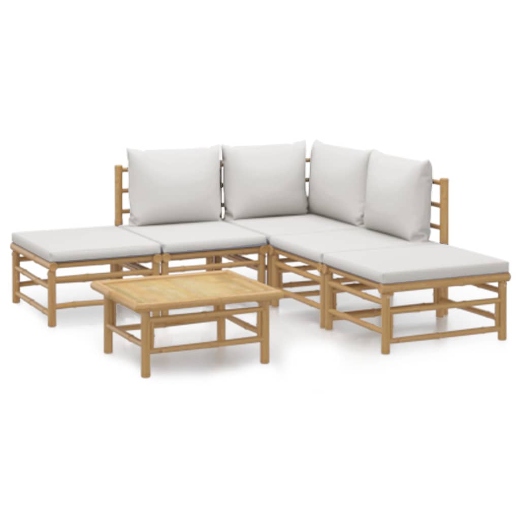 6 Piece Patio Lounge Set with Light Gray Cushions Bamboo