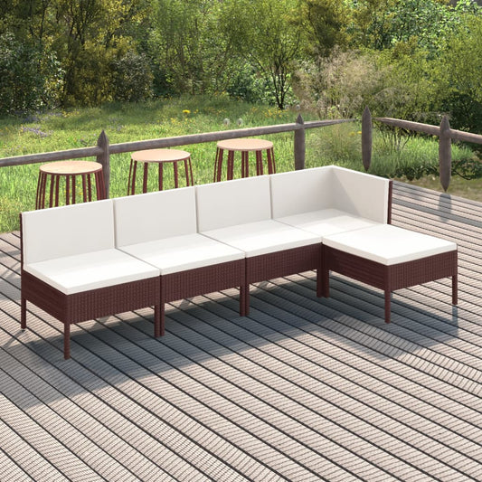 5 Piece Patio Lounge Set with Cushions Poly Rattan Brown