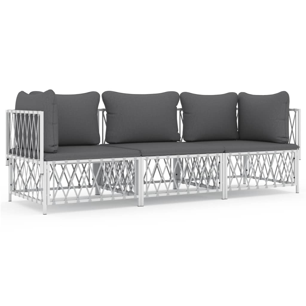 3 Piece Patio Lounge Set with Cushions White Steel