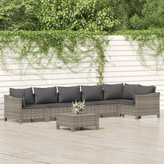 7 Piece Patio Lounge Set with Cushions Gray Poly Rattan