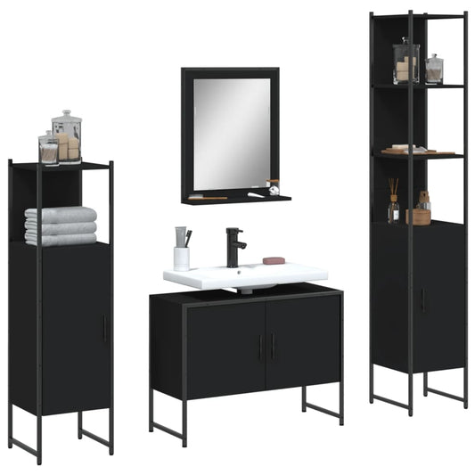 4 Piece Bathroom Cabinet Set Black Engineered Wood