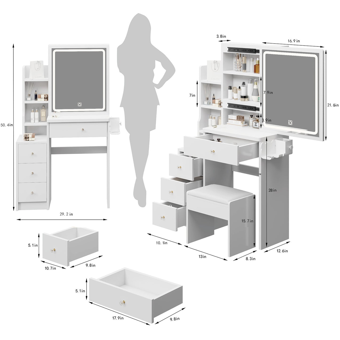 Small Space Left Bedside Cabinet Vanity Table + Cushioned Stool, 2 AC+2 USB Power Station, Hair dryer bracket, Extra Large Touch Control Sliding LED Mirror, Tri-color Switching, Brightness Adjustable