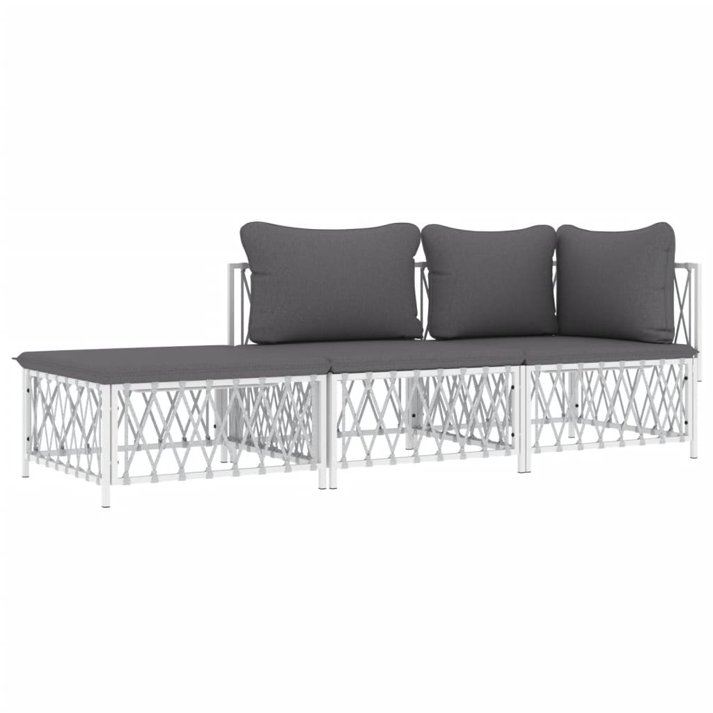 3 Piece Patio Lounge Set with Cushions White Steel