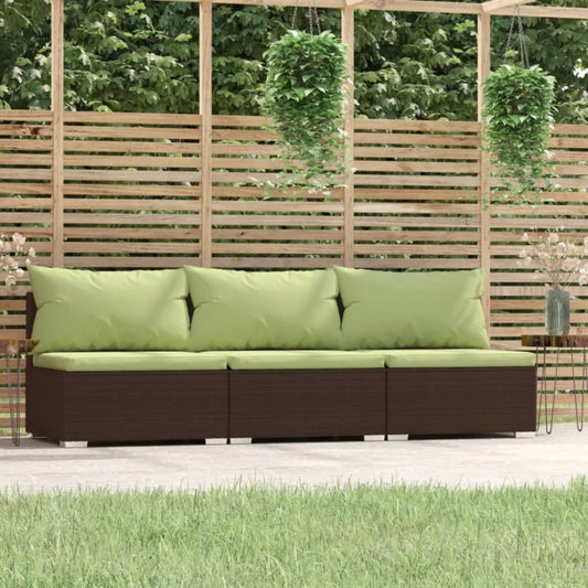 3 Seat Patio Sofa with Cushions Brown Poly Rattan