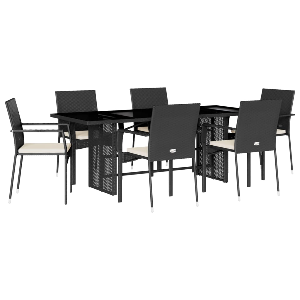 7 Piece Patio Dining Set with Cushions Black Poly Rattan