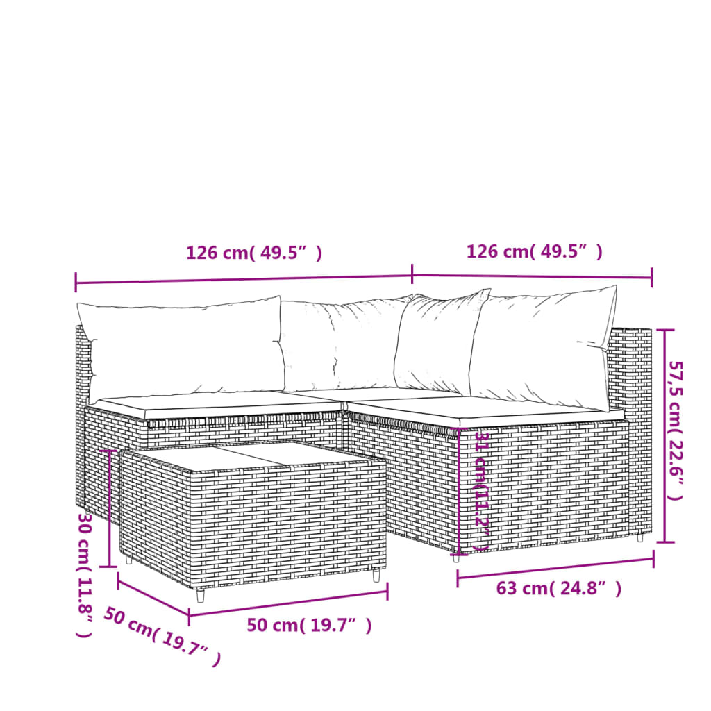 4 Piece Patio Lounge Set with Cushions Brown Poly Rattan