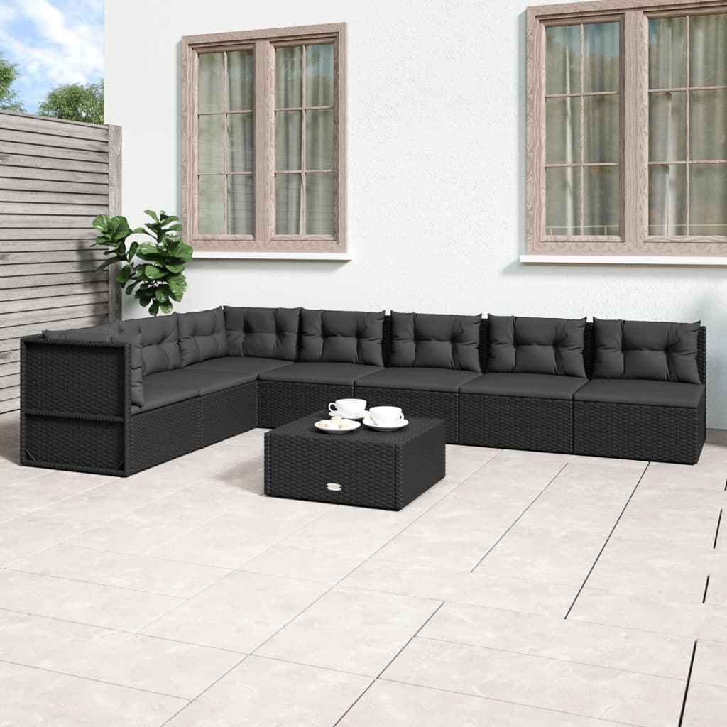 7 Piece Patio Lounge Set with Cushions Black Poly Rattan