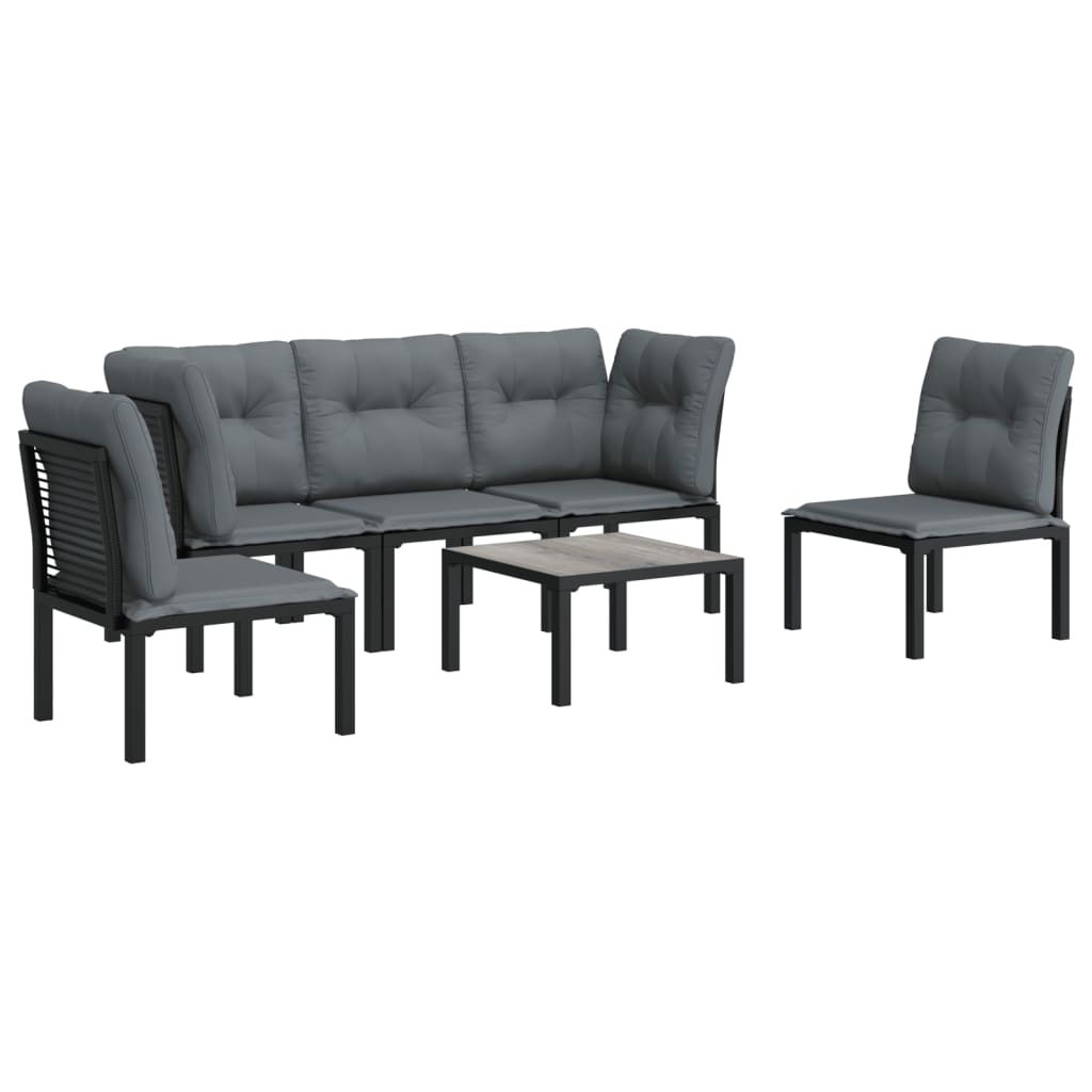 6 Piece Patio Lounge Set Black and Gray Poly Rattan