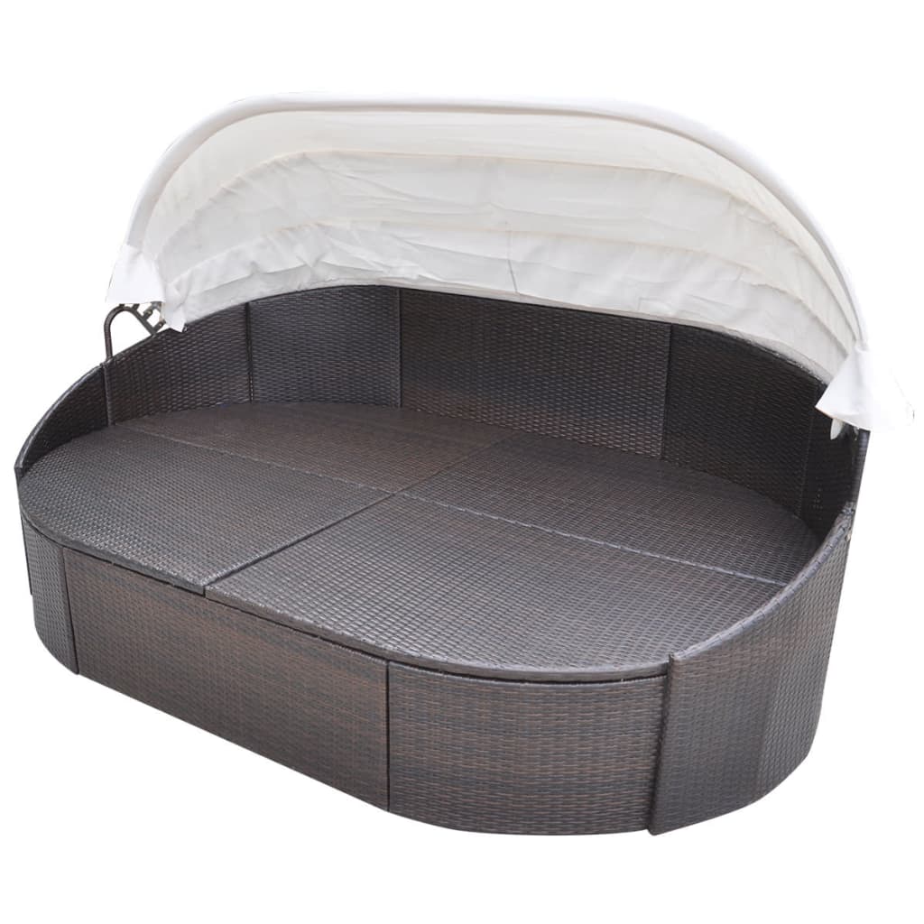 Patio Lounge Bed with Canopy Poly Rattan Brown