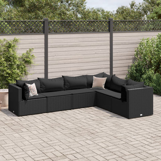 6 Piece Patio Lounge Set with Cushions Black Poly Rattan