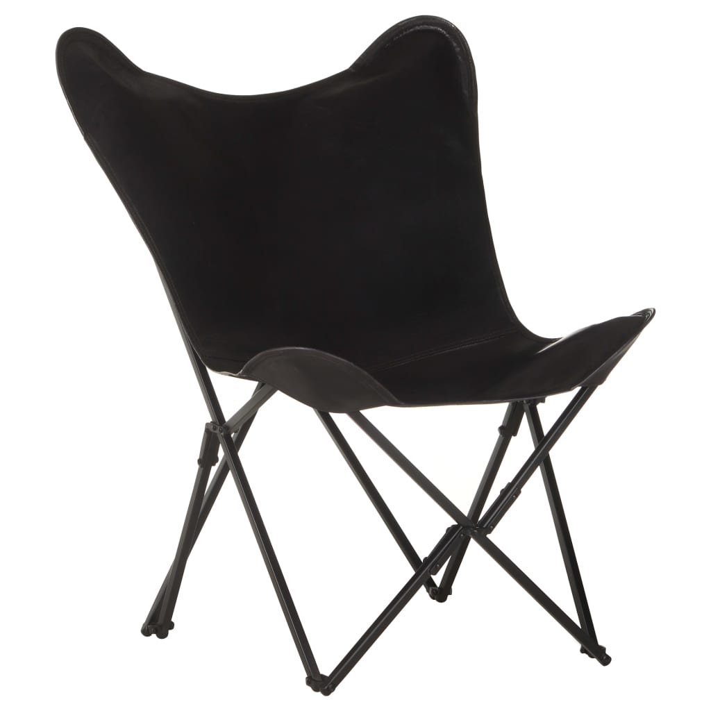 Foldable Butterfly Chair Black Real Leather