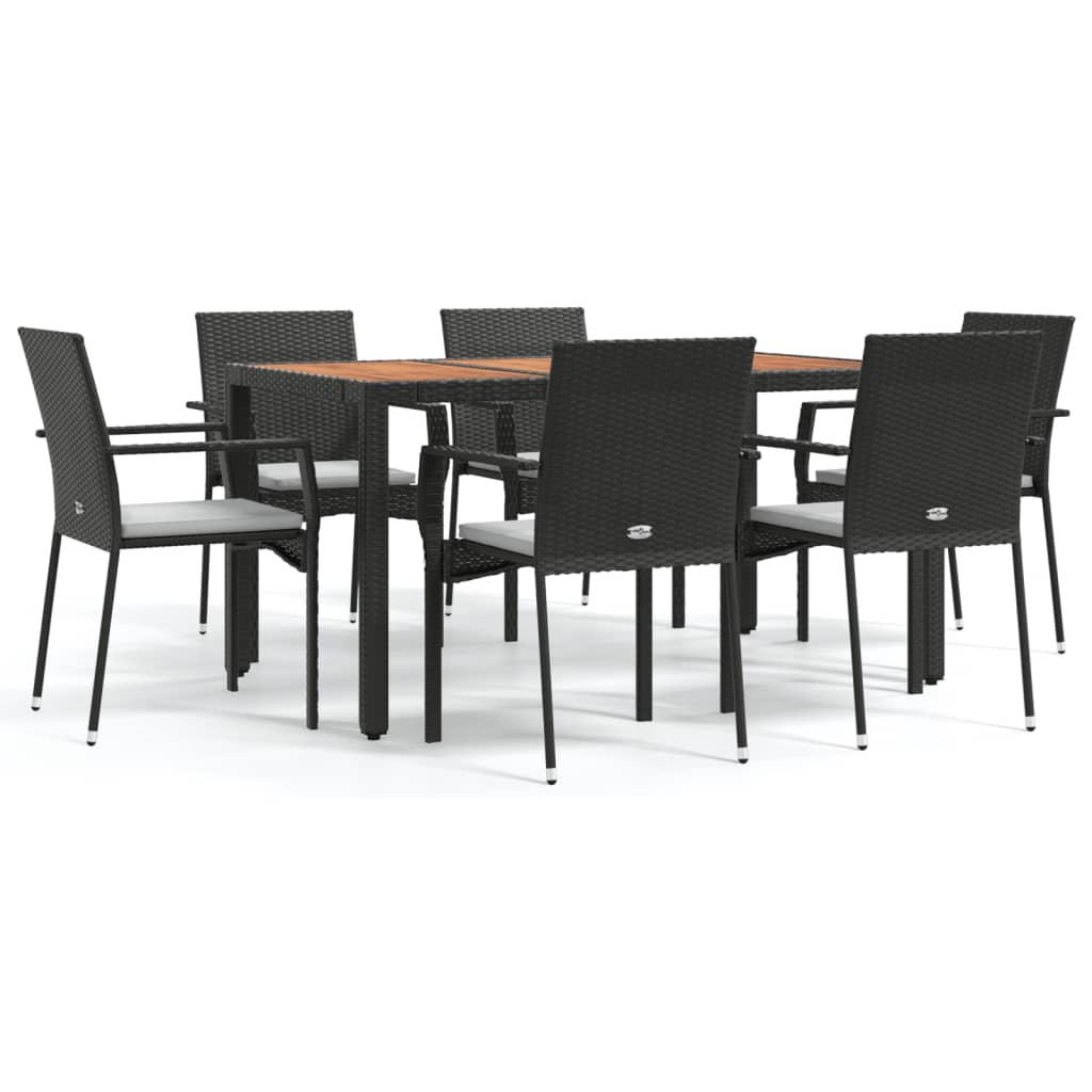 7 Piece Patio Dining Set with Cushions Black Poly Rattan