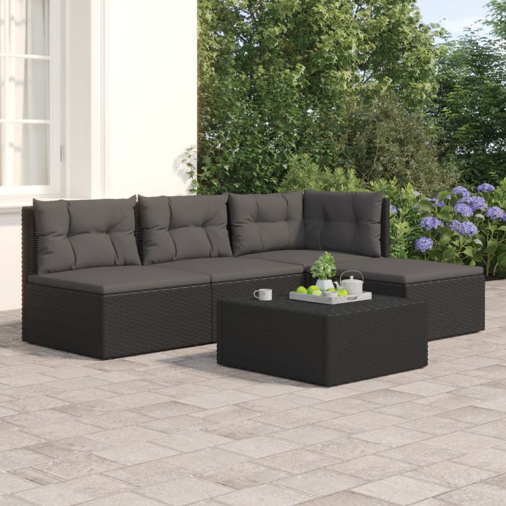 4 Piece Patio Lounge Set with Cushions Black Poly Rattan