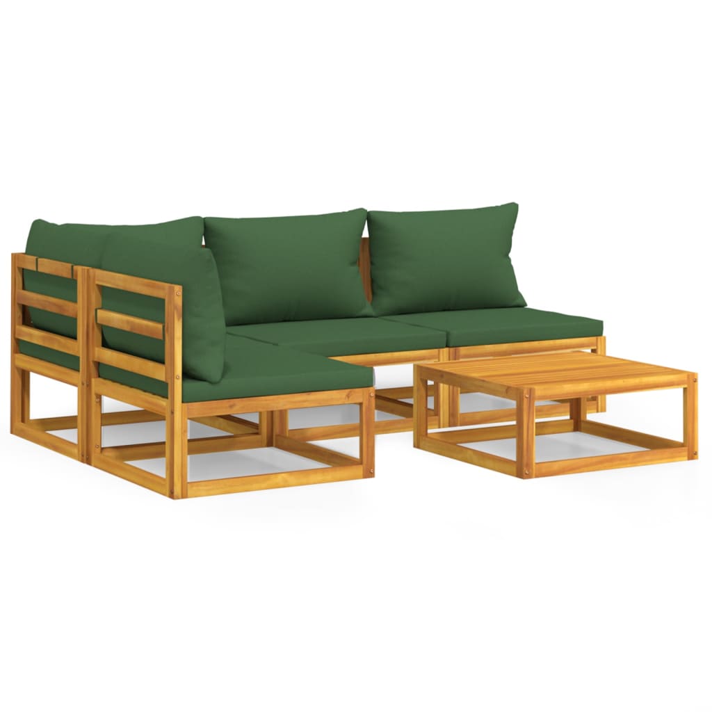 5 Piece Patio Lounge Set with Green Cushions Solid Wood