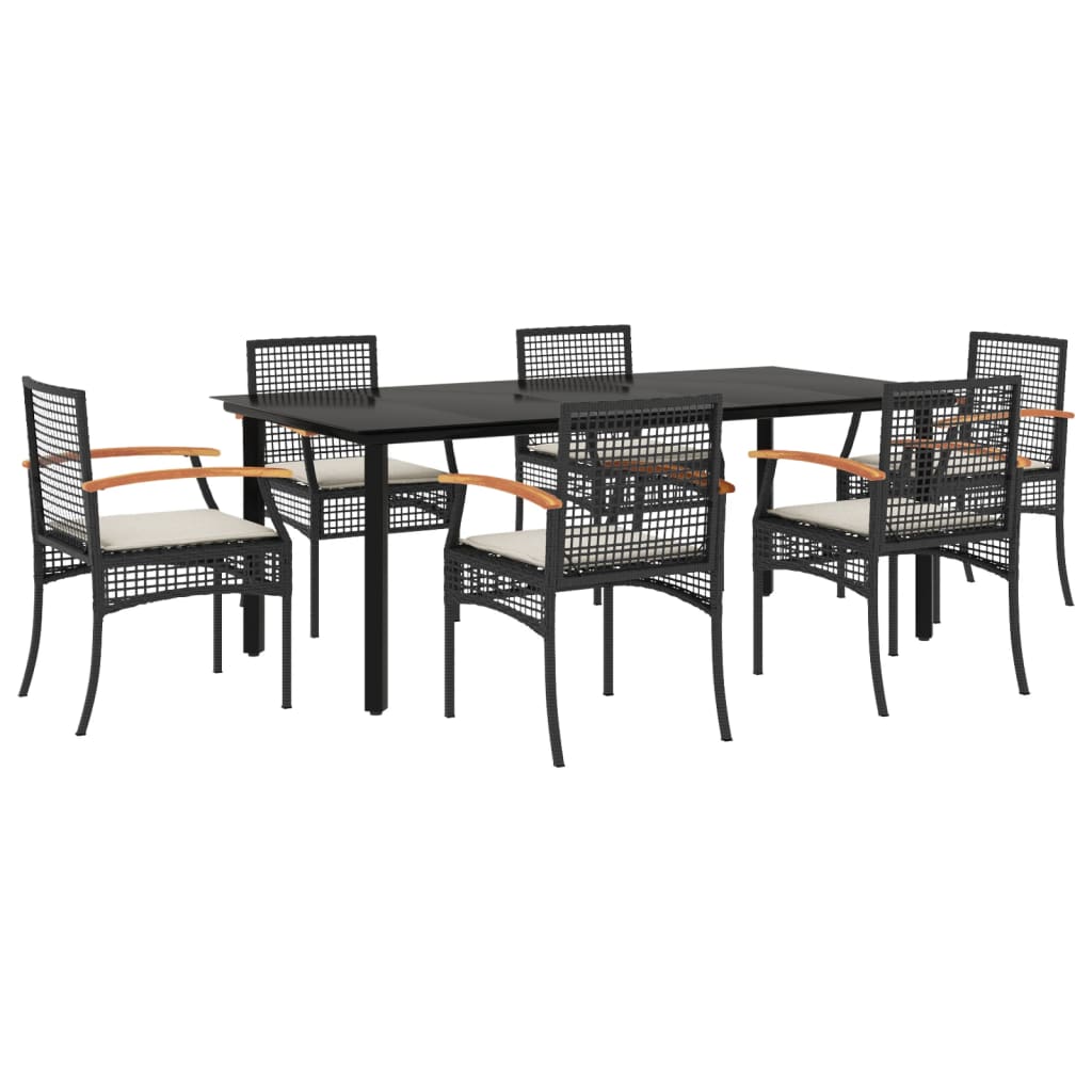 7 Piece Patio Dining Set with Cushions Black Poly Rattan