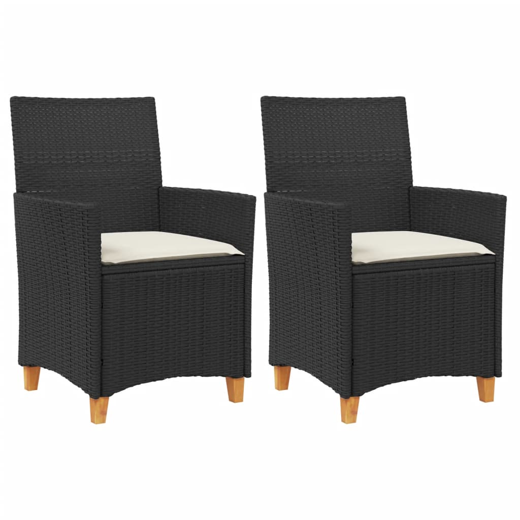 Patio Chairs with Cushions 2 pcs Black Poly Rattan&Solid Wood