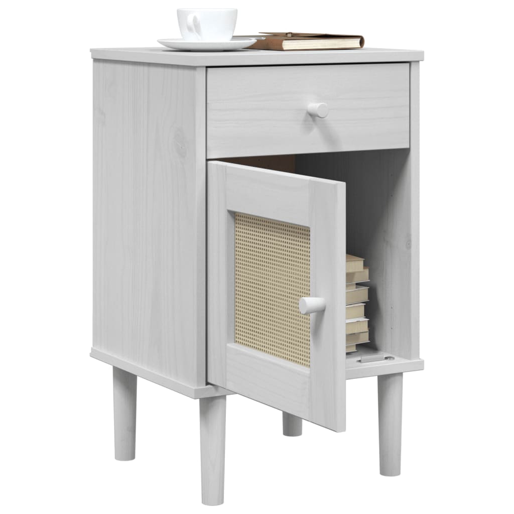 Bedside Cabinet SENJA Rattan Look White 15.7"x13.8"x25.6" Solid Wood Pine