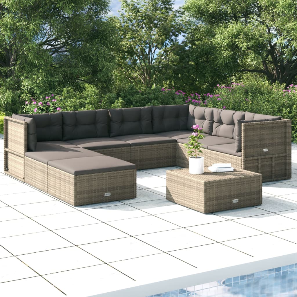 8 Piece Patio Lounge Set with Cushions Gray Poly Rattan