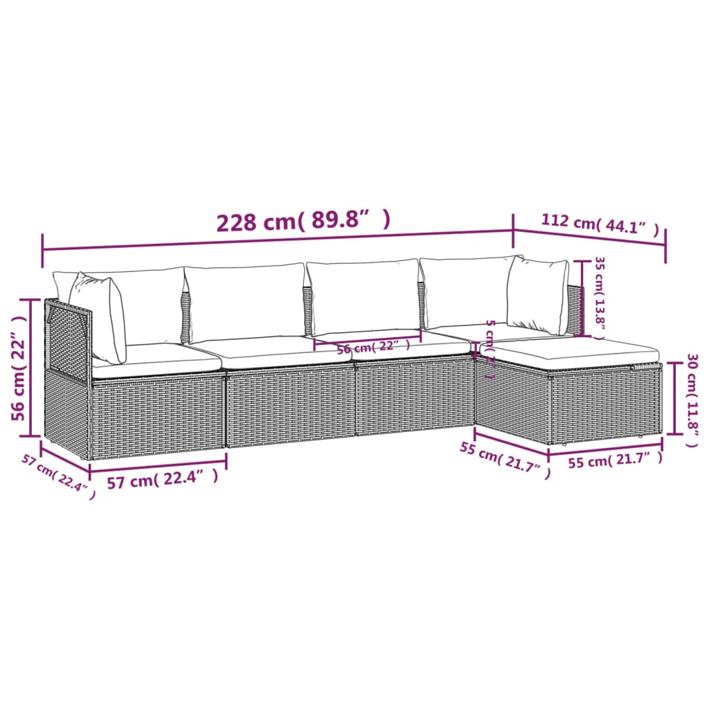 5 Piece Patio Lounge Set with Cushions Gray Poly Rattan