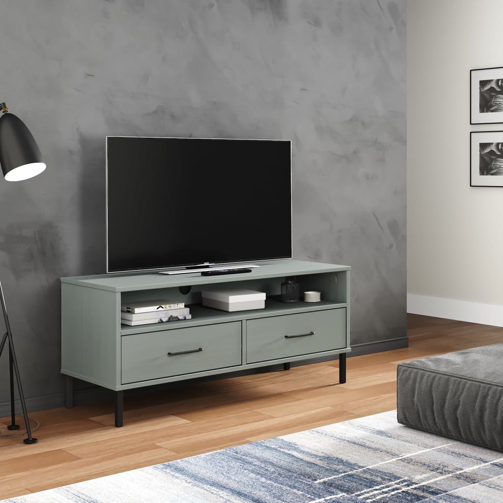 TV Stand with Metal Legs Brown Solid Wood Pine OSLO