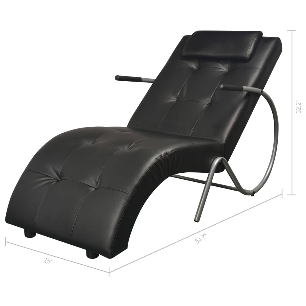 Chaise Longue with Pillow Black Faux Leather