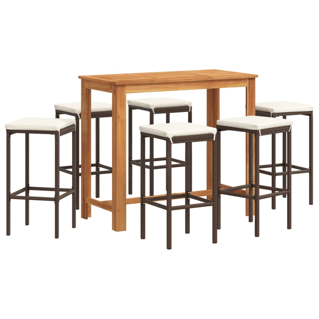 7 Piece Patio Bar Set Brown Solid Wood Acacia and Poly Rattan