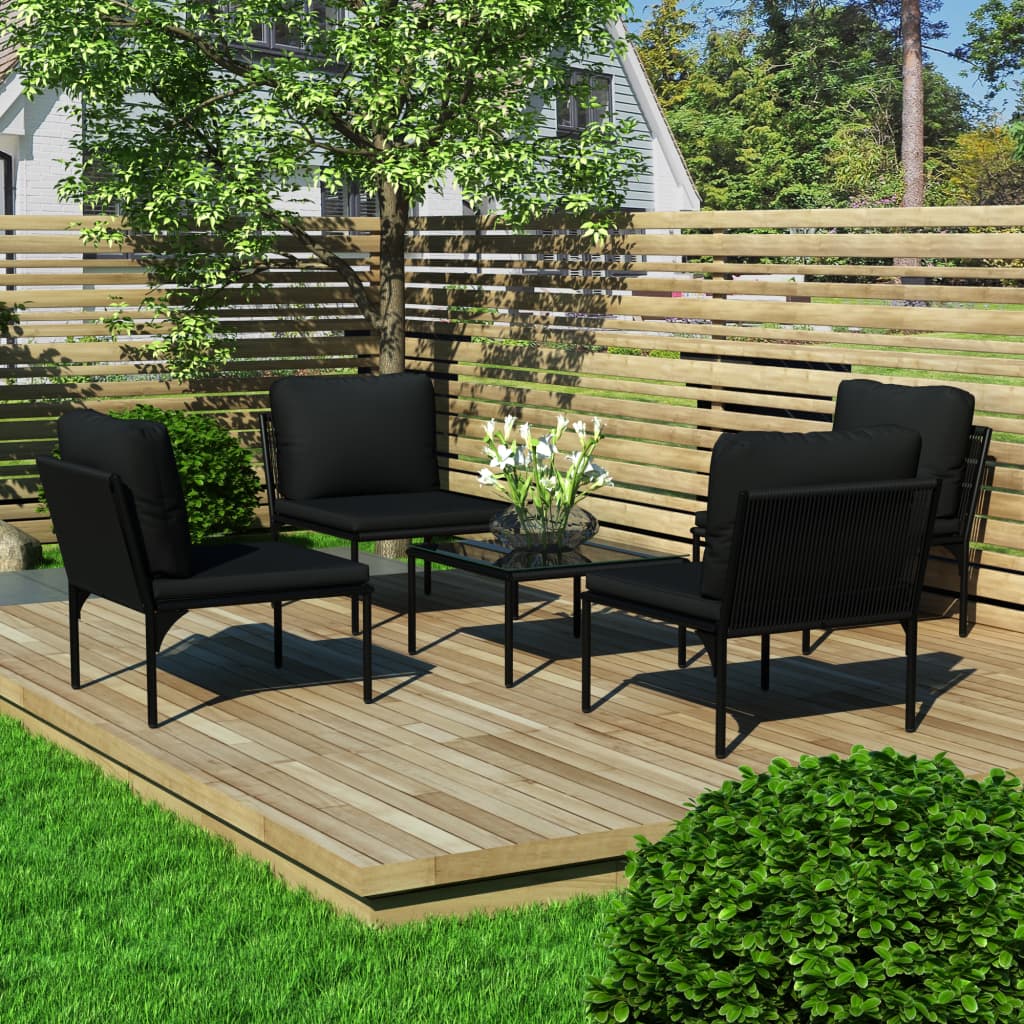 5 Piece Patio Lounge Set with Cushions Black PVC