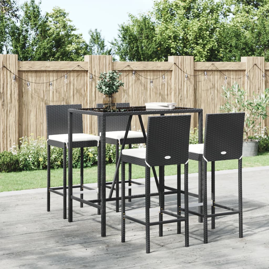 5 Piece Patio Bar Set with Cushions Black Poly Rattan