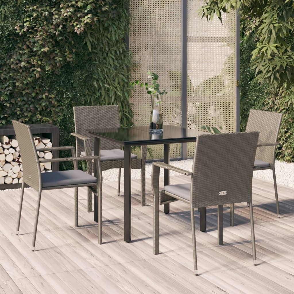 5 Piece Patio Dining Set with Cushions Black and Gray Poly Rattan