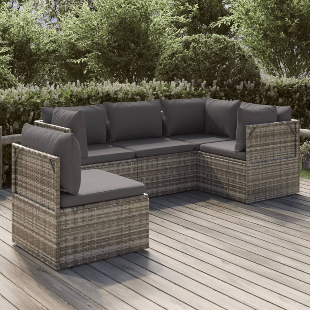 5 Piece Patio Lounge Set with Cushions Gray Poly Rattan